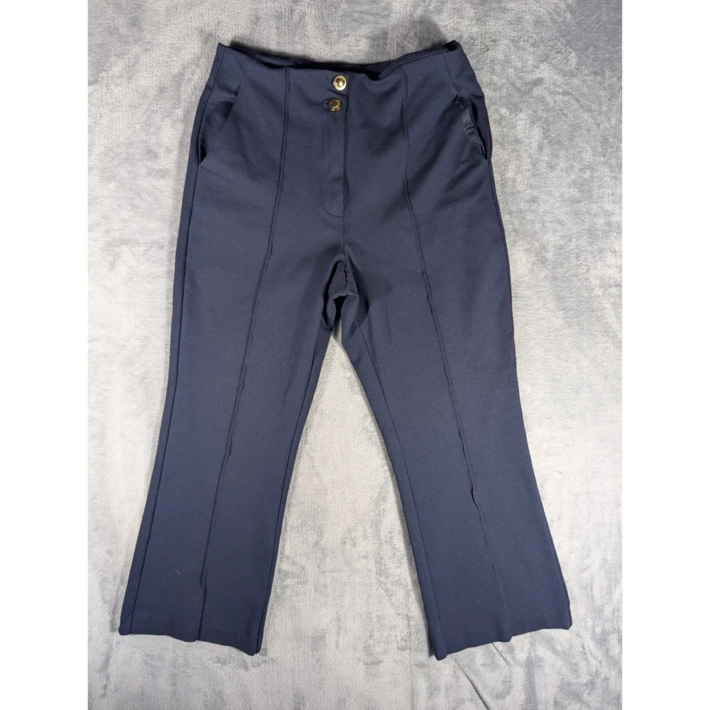 Michael Kors Navy Blue Pintuck Cropped Flare Pants Womens 8 Gold Button Career